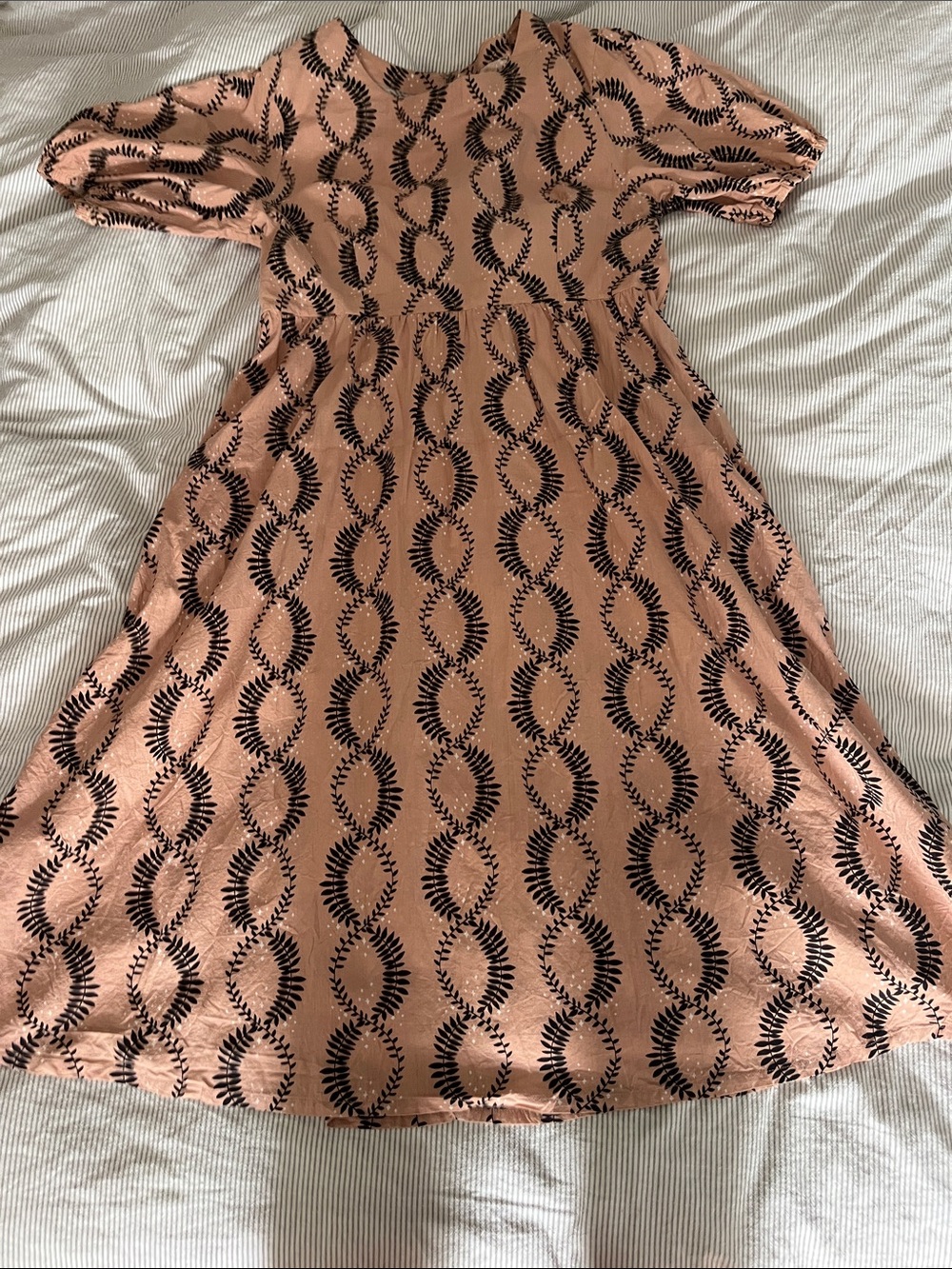 Mata Traders Peach Midi Dress with Black Leaf Motif